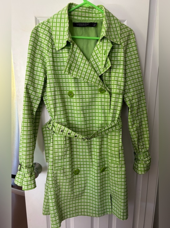 London Fog Jackets & Blazers - London Fog Lime Green & White Plaid Neon Bright Trench Coat Size L - HTF, EUC!
